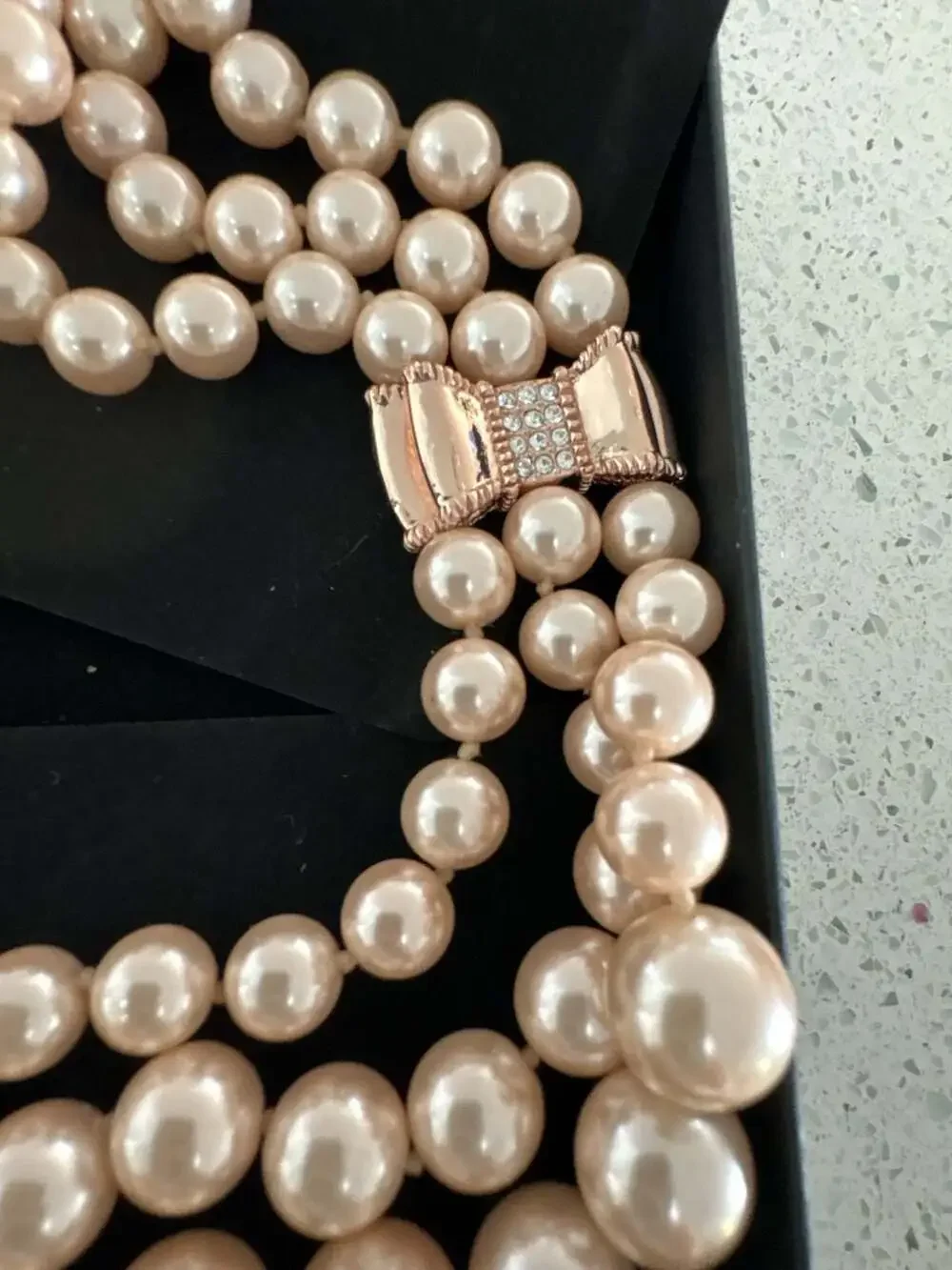 Kate Spade Moon River Triple Strand Pink Faux Pearl Necklace with Rose Gold Embe